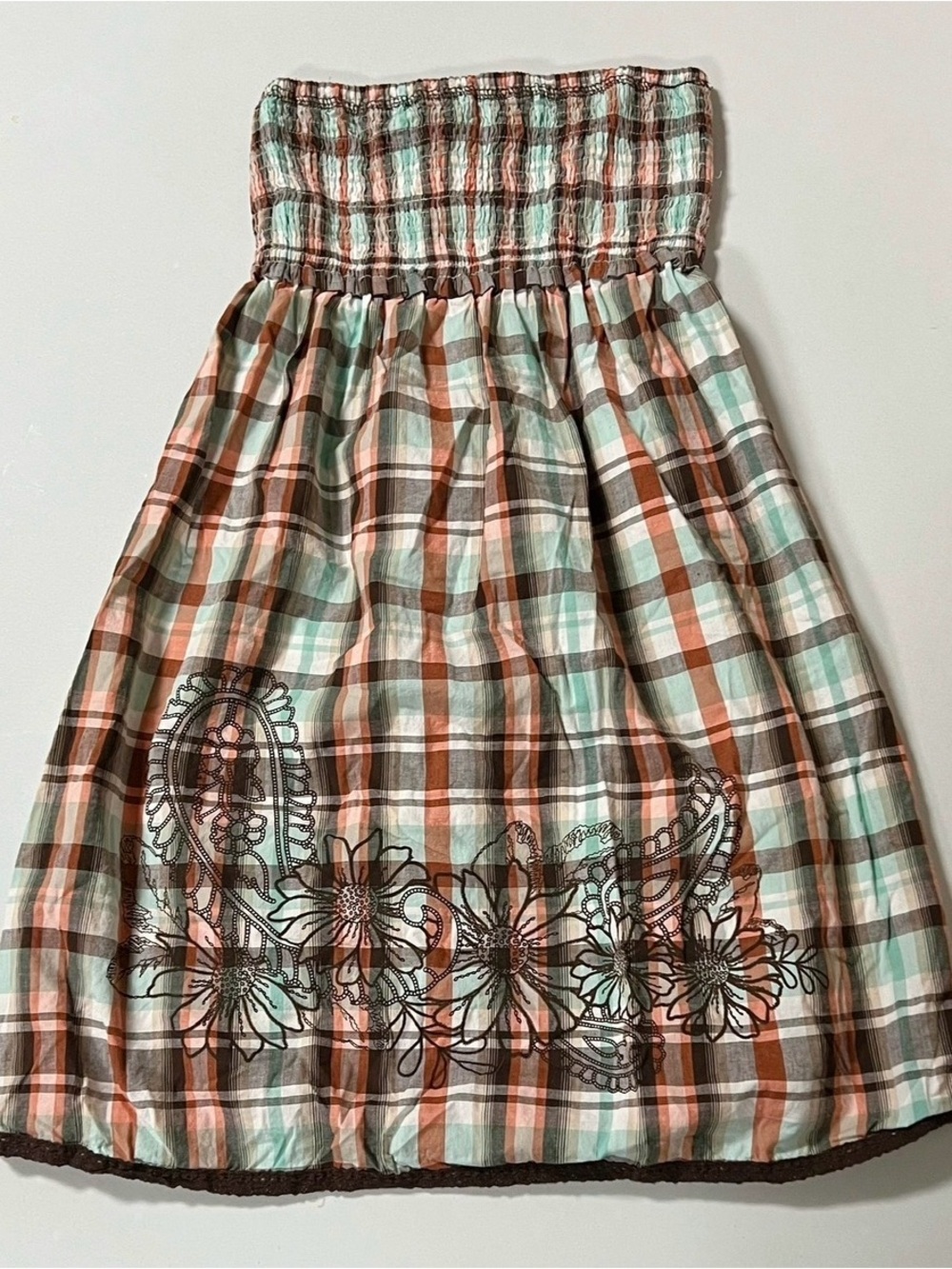 Mossimo Supply Co. Brown Blue Plaid Floral Strapless Y2K Mini Dress Size XS 🤎🩵✨